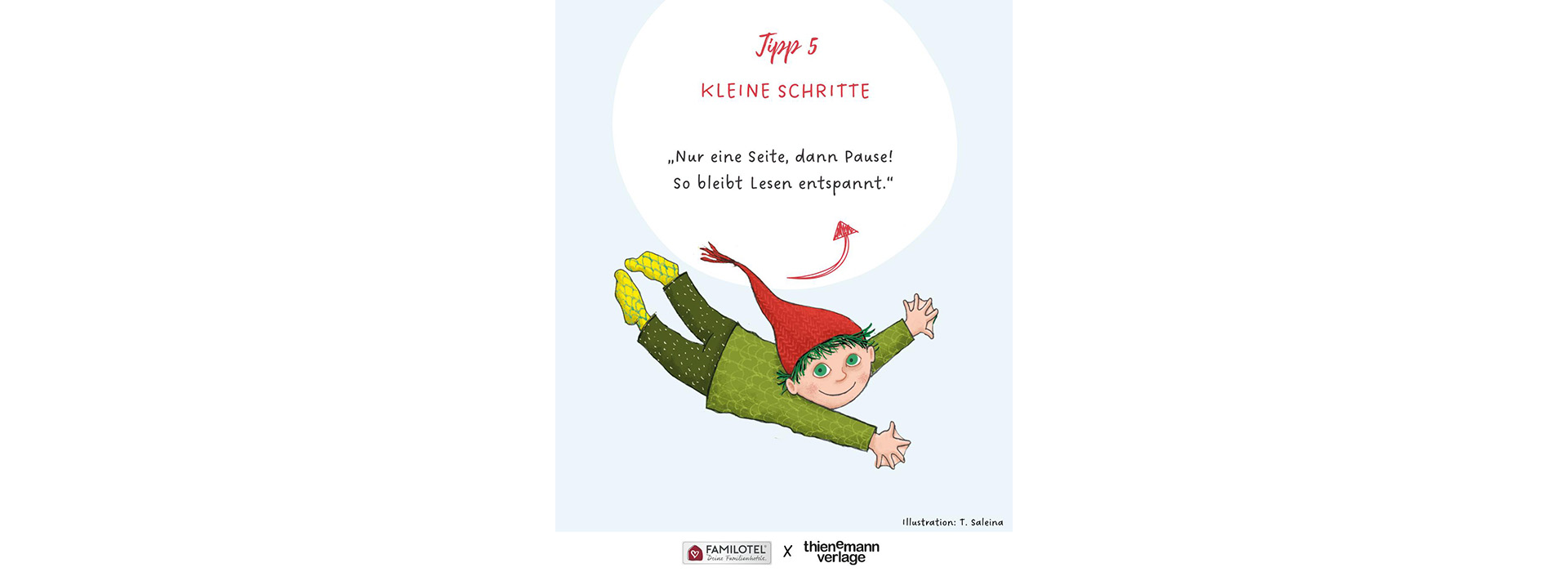 Der kleine Wassermann unter Textblase: Tipp 5 Kleine Schritte „Nur eine Seite, dann Pause! So bleibt Lesen entspannt.“