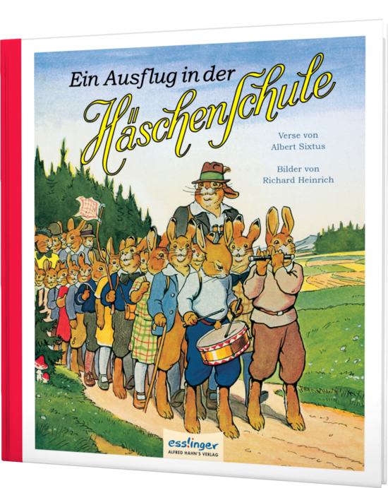 Das Buchcover zeigt eine fröhliche Gruppe von Hasen in bunten Kleidern, die einem Weg entlang marschieren. Im Hintergrund erstreckt sich eine grüne Landschaft mit Bäumen und einem blauen Himmel.
