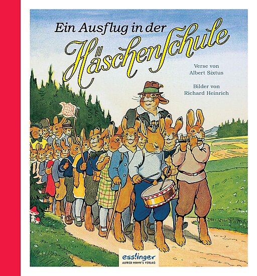 Das Buchcover zeigt eine Gruppe von Hasen in bunten Kleidern, die in einer Reihe wandern. Ein Hase in einem Hut führt die Gruppe, während sie durch eine grüne Landschaft laufen.